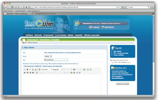StartÜzlet Adminisztrációs felület tartalomkezelő